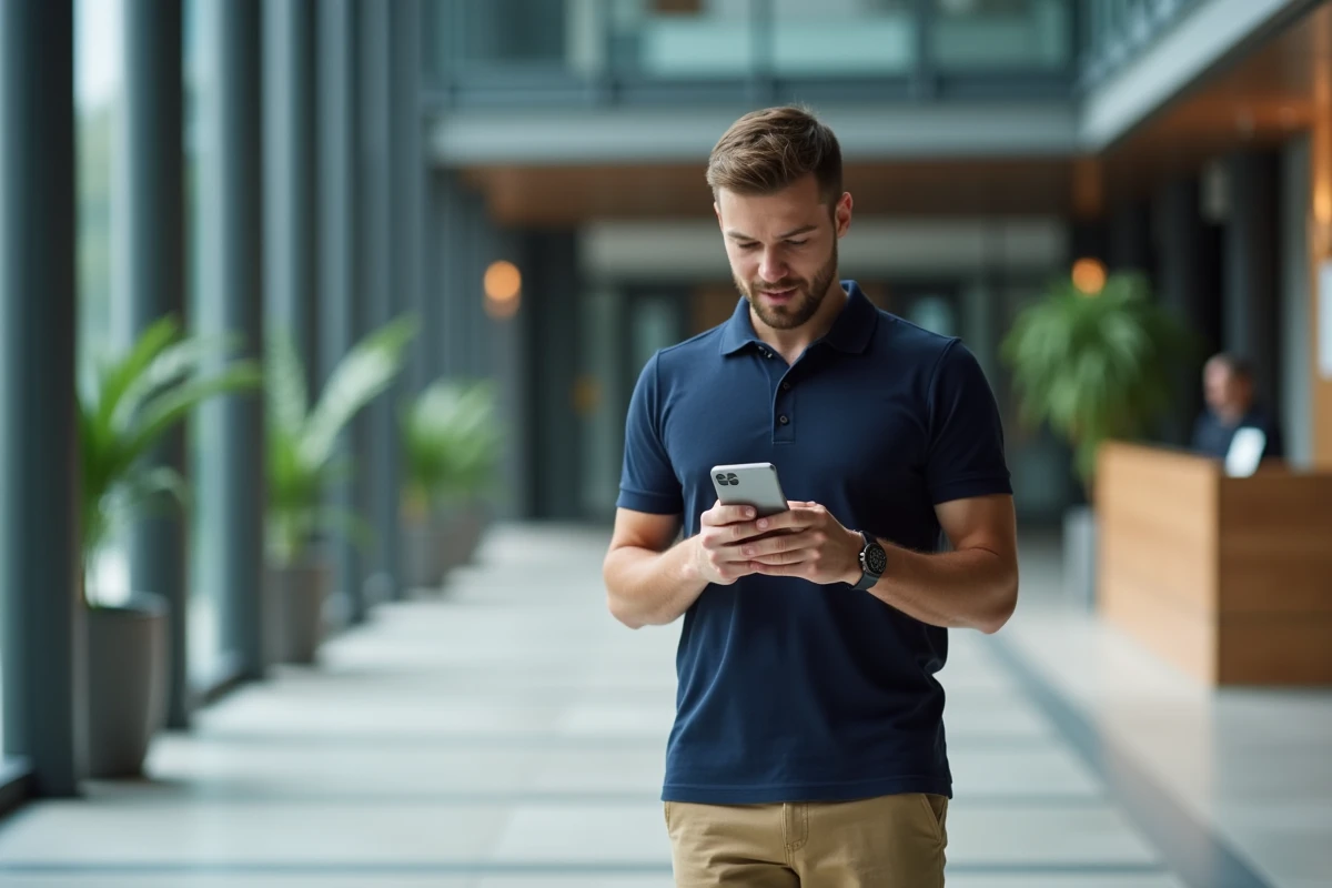 Homme d affaires regardant son smartphone dans un lobby moderne