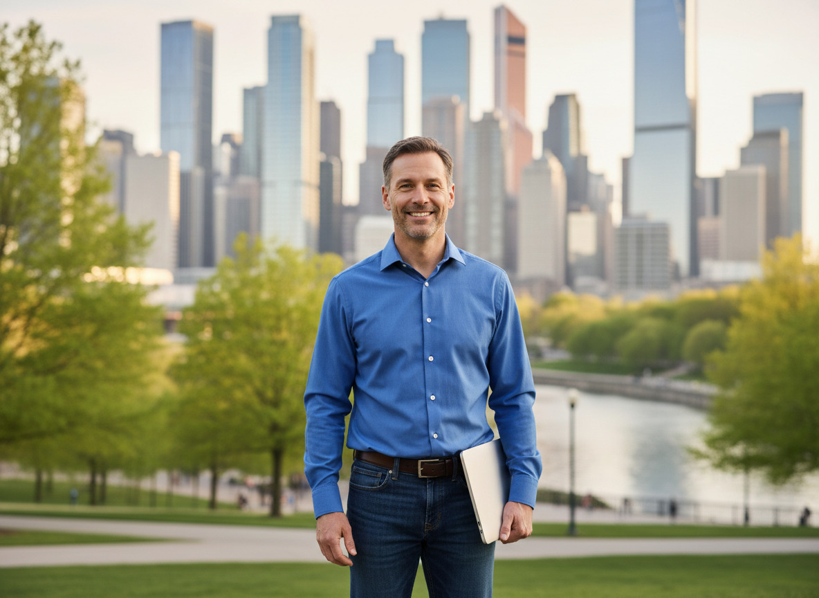 Homme souriant avec ordinateur dans un parc urbain
