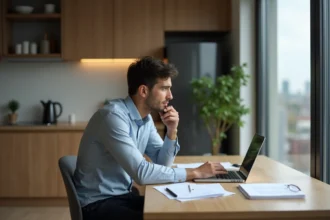 Homme pensif assis à la cuisine avec ordinateur et documents