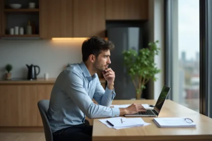 Homme pensif assis à la cuisine avec ordinateur et documents
