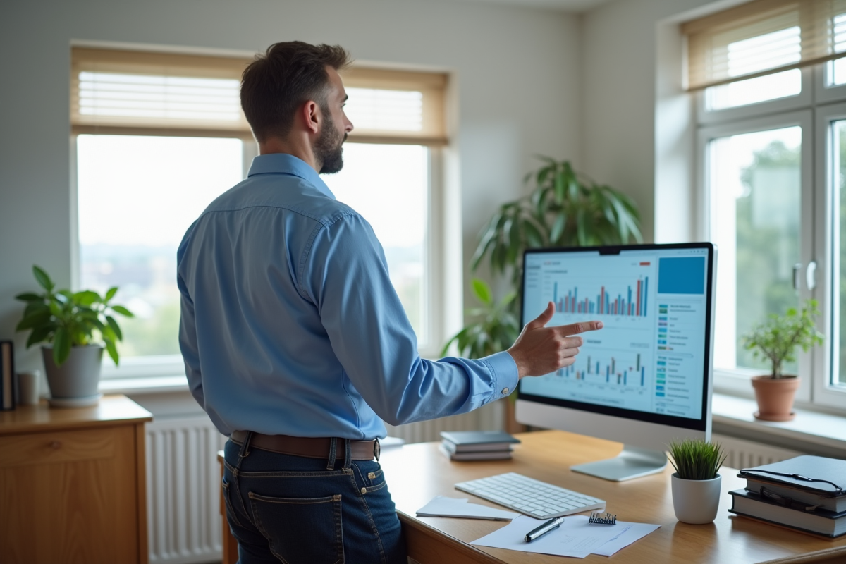 Homme en tenue décontractée montrant un tableau de bord digital