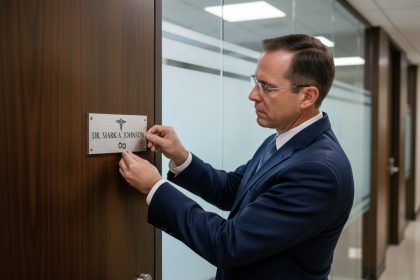 Homme en costume attachant une plaque métallique à une porte de bureau