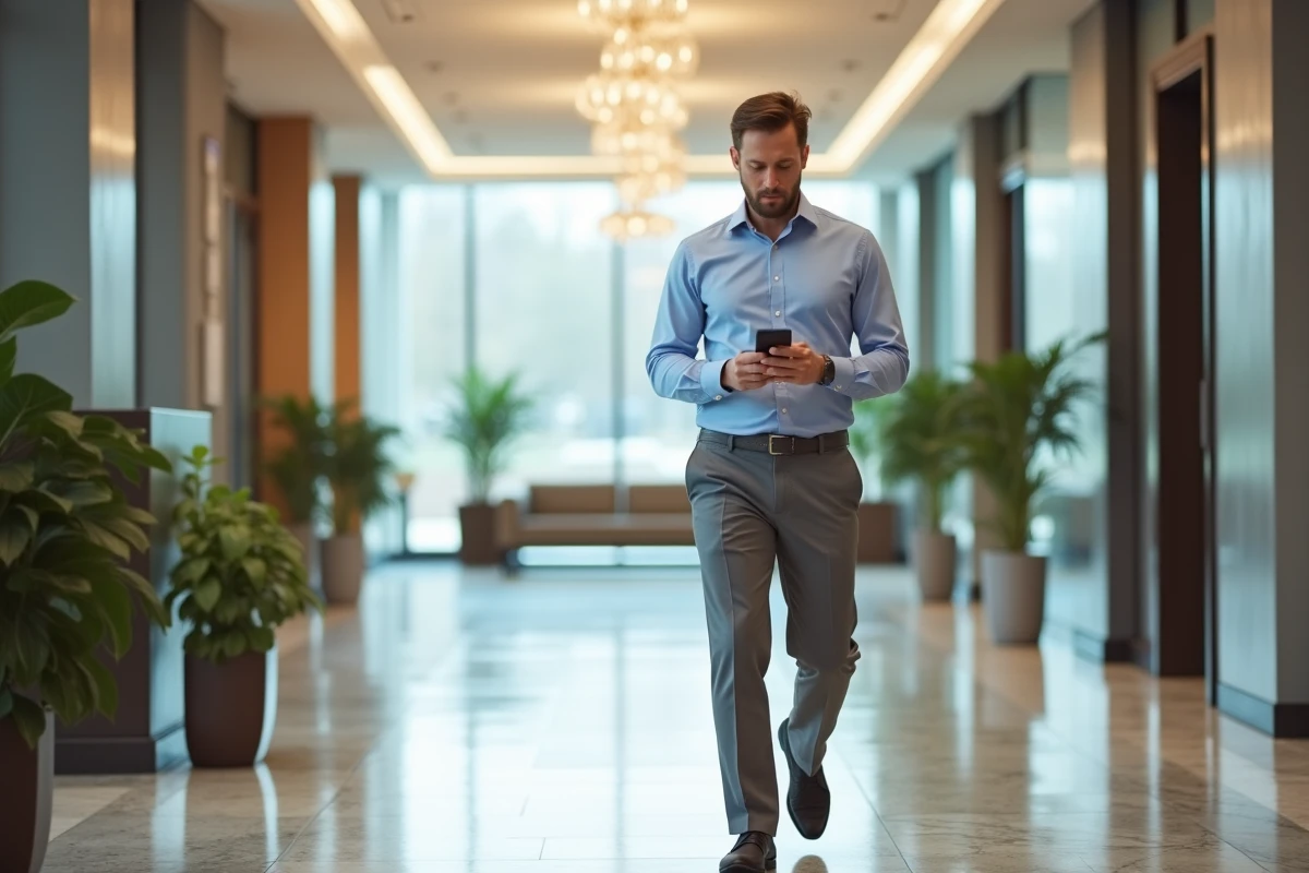 Homme d affaires marchant vers la reception en entreprise