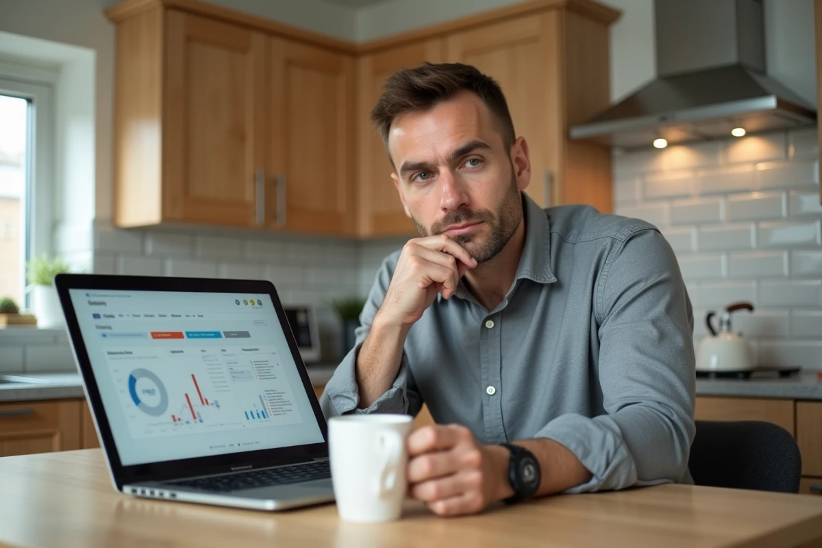 Homme consultant un tableau de bord de facturation télécom sur son ordinateur portable dans une cuisine moderne