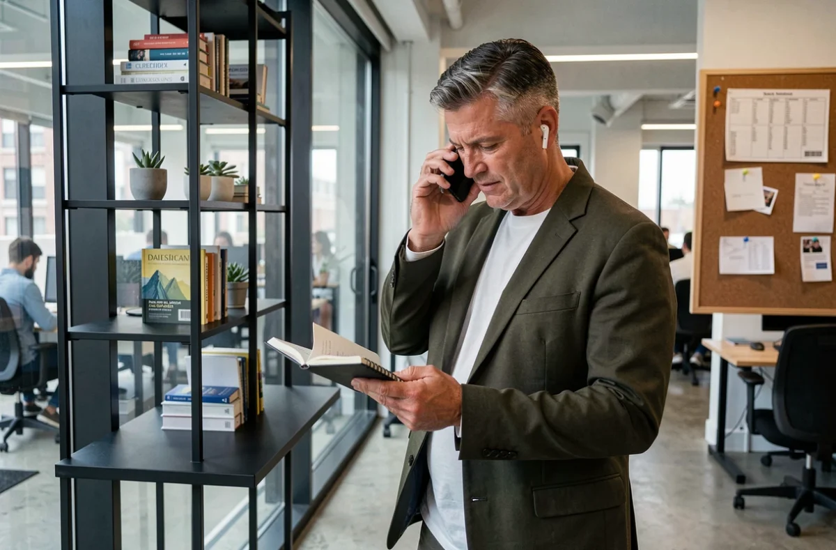 Homme en télétravail téléphonant debout à un bureau ajustable dans un coworking moderne à Challans