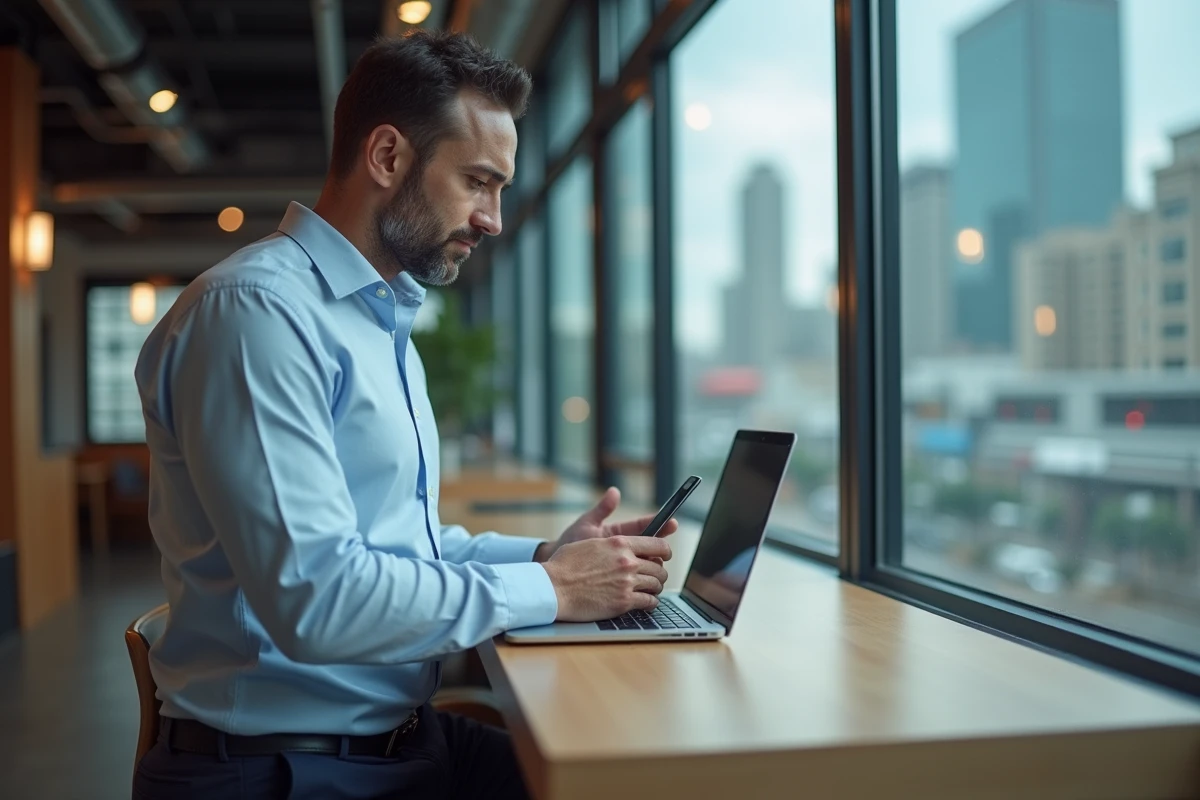 Homme en chemise bleue vérifiant des informations avec son smartphone