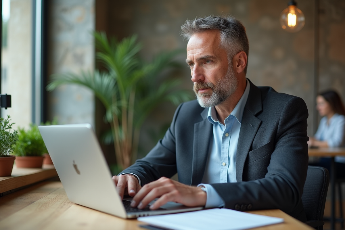 Homme en visioconference dans un espace de coworking lumineux