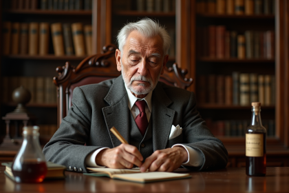 Homme âgé en costume ancien examinant une bouteille vintage