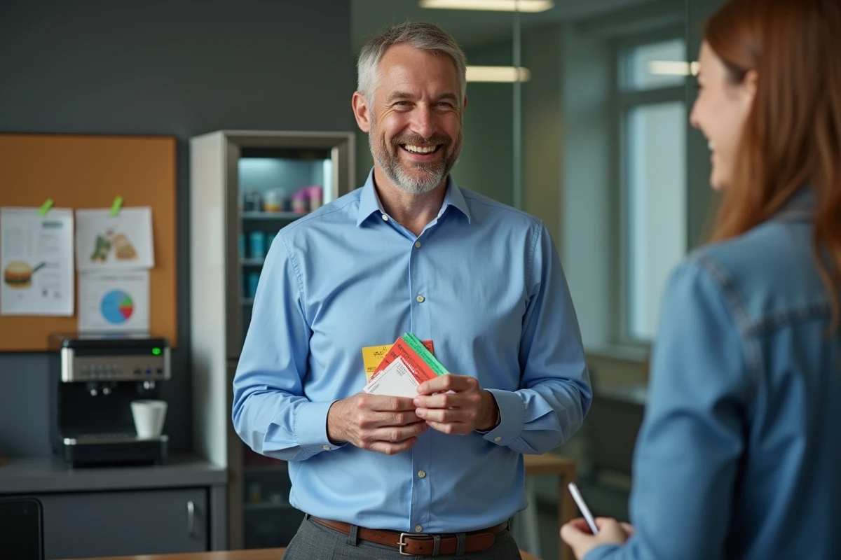 Homme avec bons repas discutant au travail