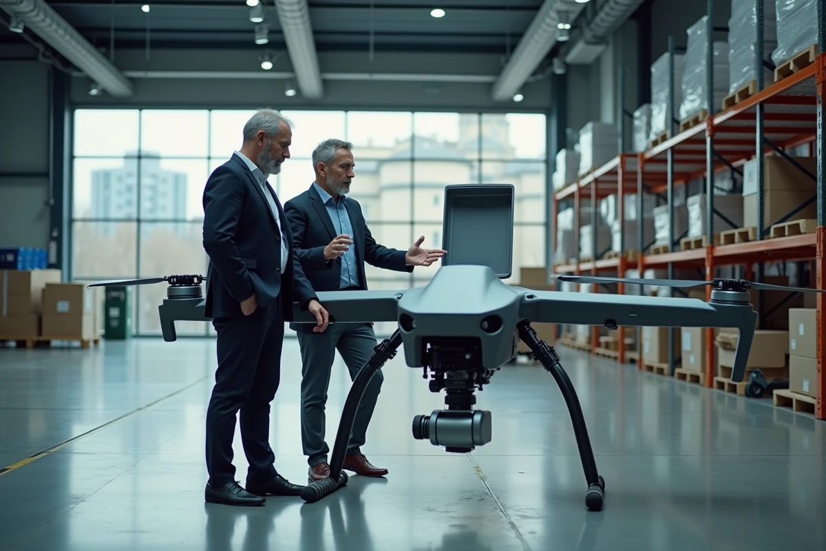 Deux hommes d affaires inspectant un drone de livraison