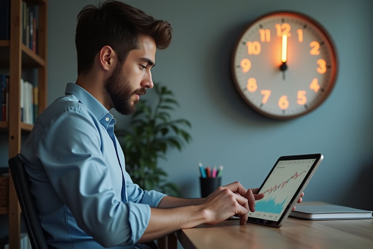 Jeune homme vérifiant un graphique de gains sur une tablette dans un bureau