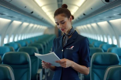 Hôtesse de l'air en uniforme Air France dans la cabine d'un avion commercial consultant un document de service