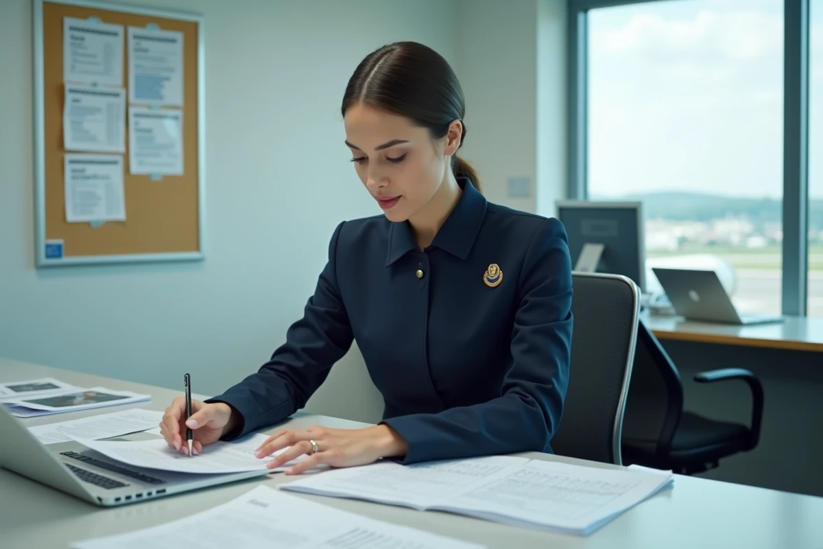Hôtesse de l'air consultant une grille salariale dans une salle de briefing d'aéroport