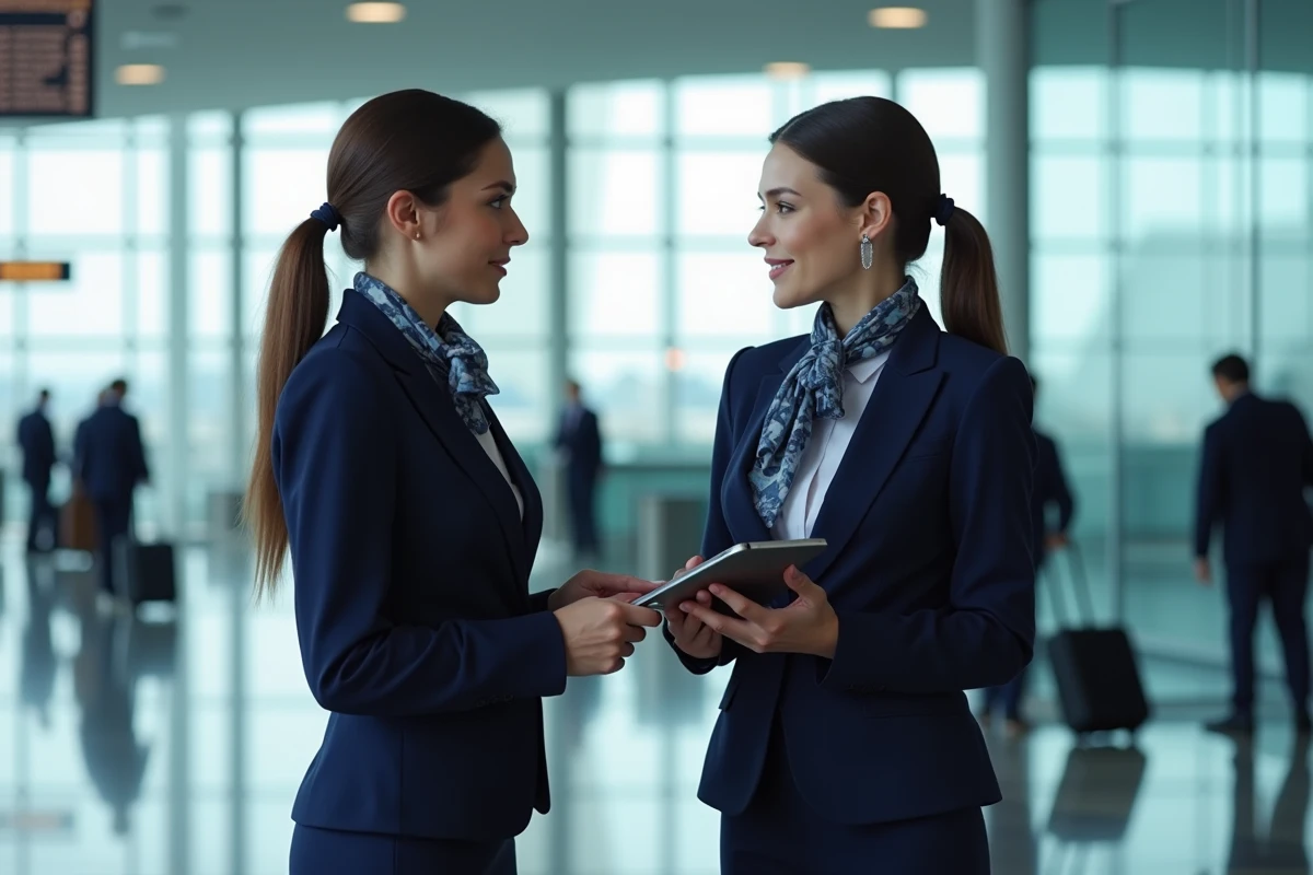 Deux hôtesses de l'air en uniforme discutant près d'un comptoir d'embarquement dans un terminal d'aéroport moderne