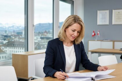Femme d'affaires consultant des documents juridiques dans un bureau moderne à Zurich, avec vue sur les Alpes suisses