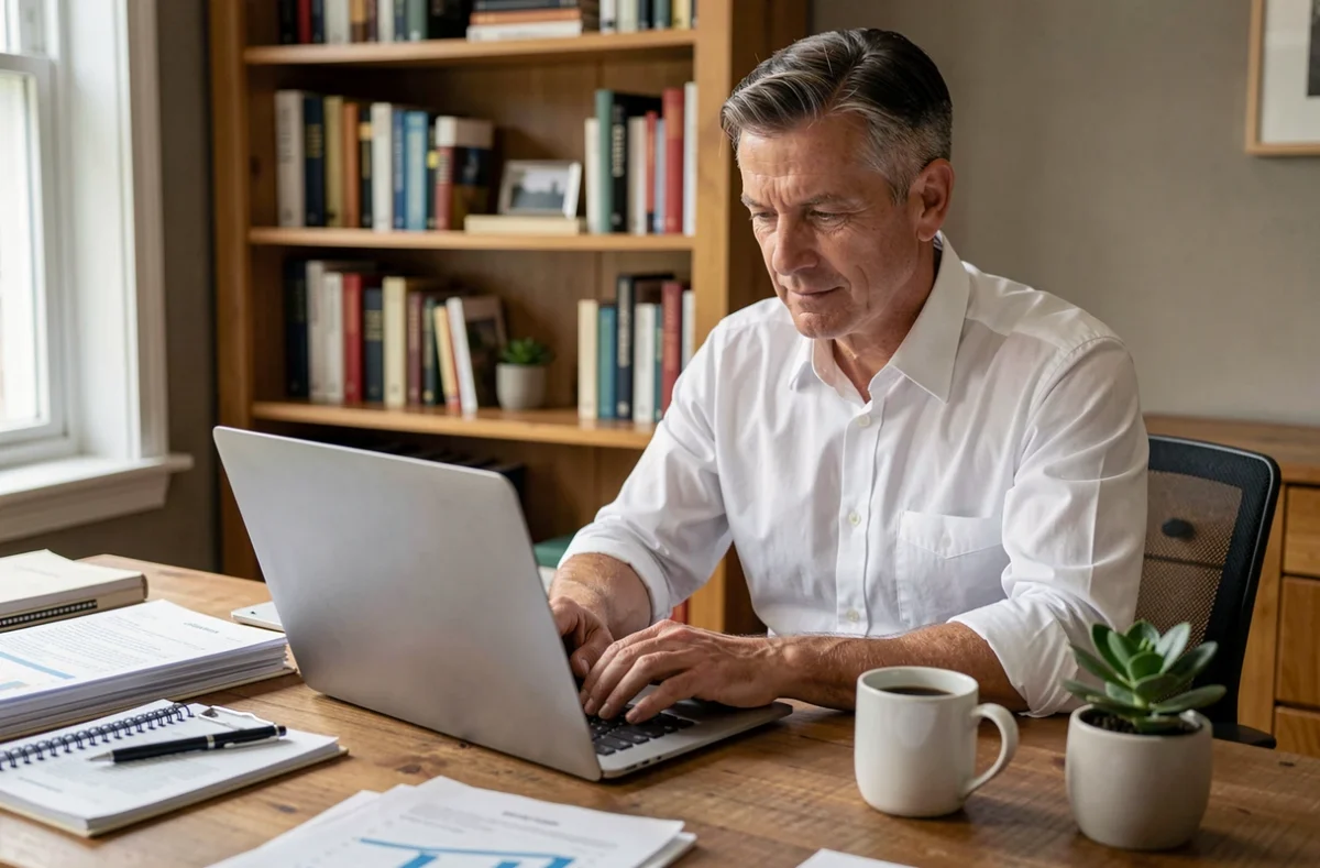 Professionnel indépendant en portage salarial gérant son activité depuis son bureau à domicile