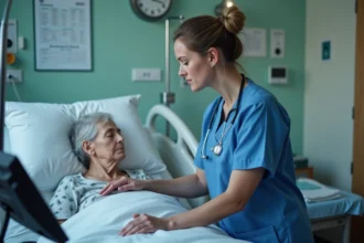 Infirmière en blouse bleue vérifiant un moniteur médical
