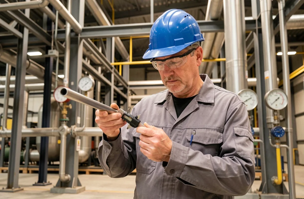 Ingénieur industriel mesurant le diamètre d'un tube inox avec un pied à coulisse numérique en usine