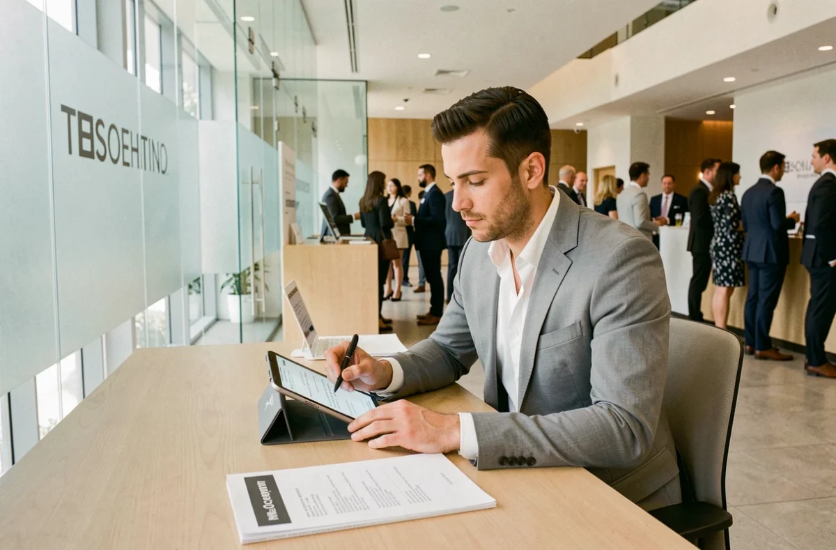 Un professionnel s'inscrivant à un événement de réseautage B2B sur une tablette à un bureau d'accueil