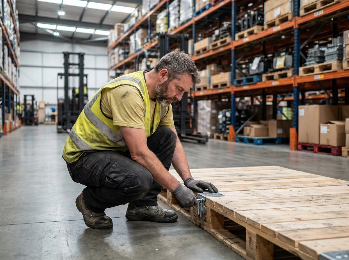 Technicien installant un platelage modulaire en bois dans un entrepôt professionnel