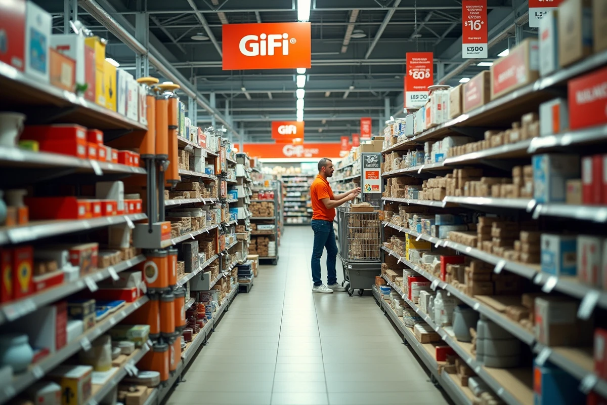 Intérieur d'un magasin GiFi avec rayons presque vides et panneaux de liquidation, atmosphère de fermeture imminente avec un employé en polo orange
