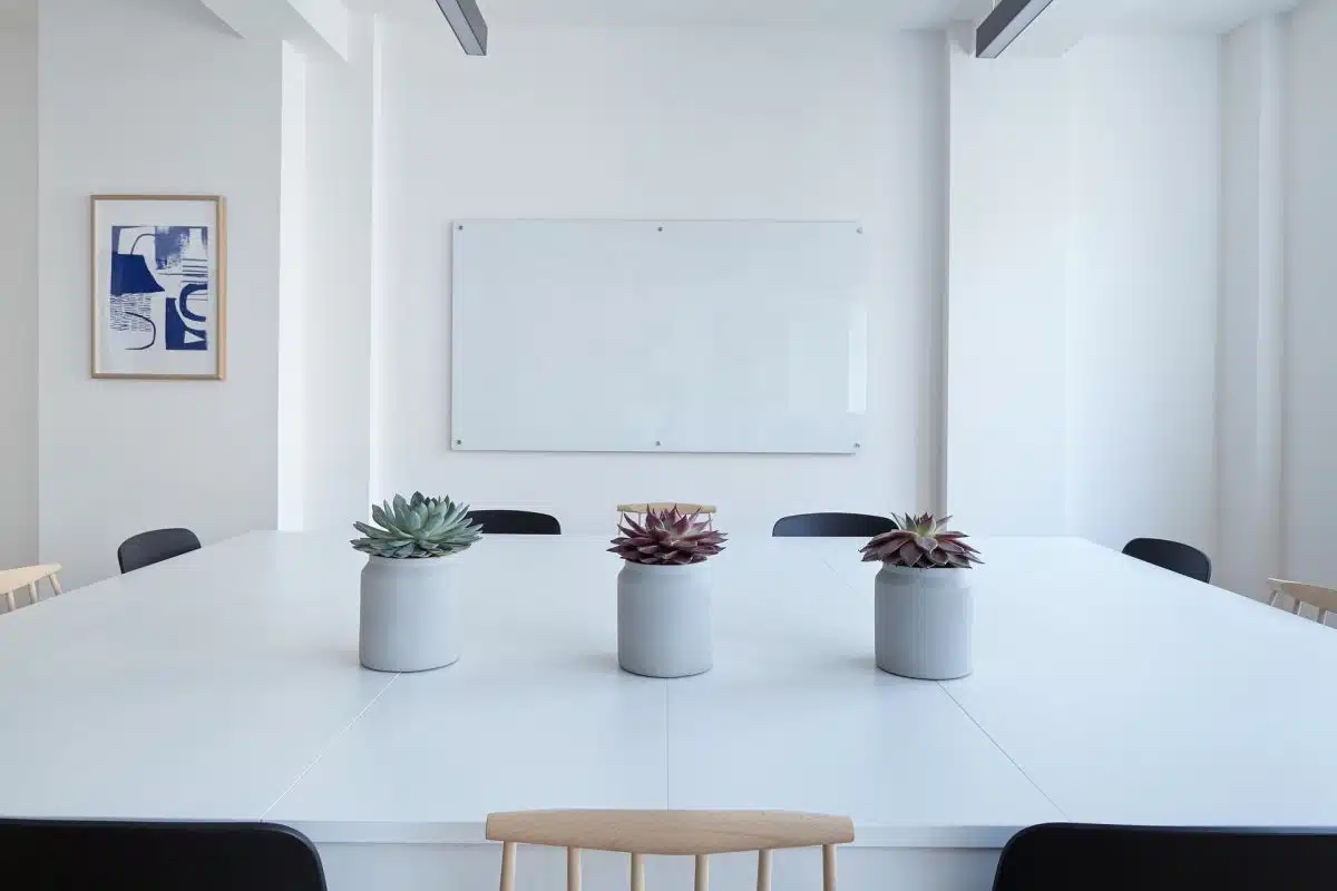Une salle de réunions avec des plantes en décoration