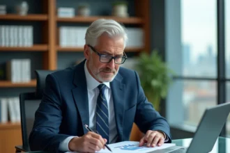 Investisseur masculin en costume bleu marine analysant des graphiques de marché sur ordinateur portable dans un bureau moderne avec vue sur la ville