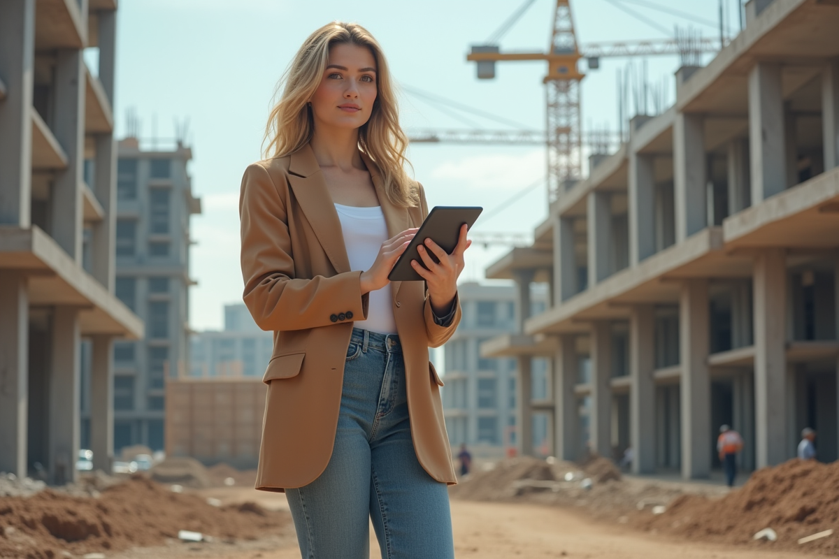 Jeune femme architecte sur un site de construction
