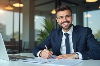 Jeune entrepreneur confiant signant des documents dans un bureau moderne