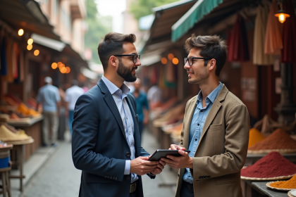 Jeune entrepreneur en marché en plein air avec tablette