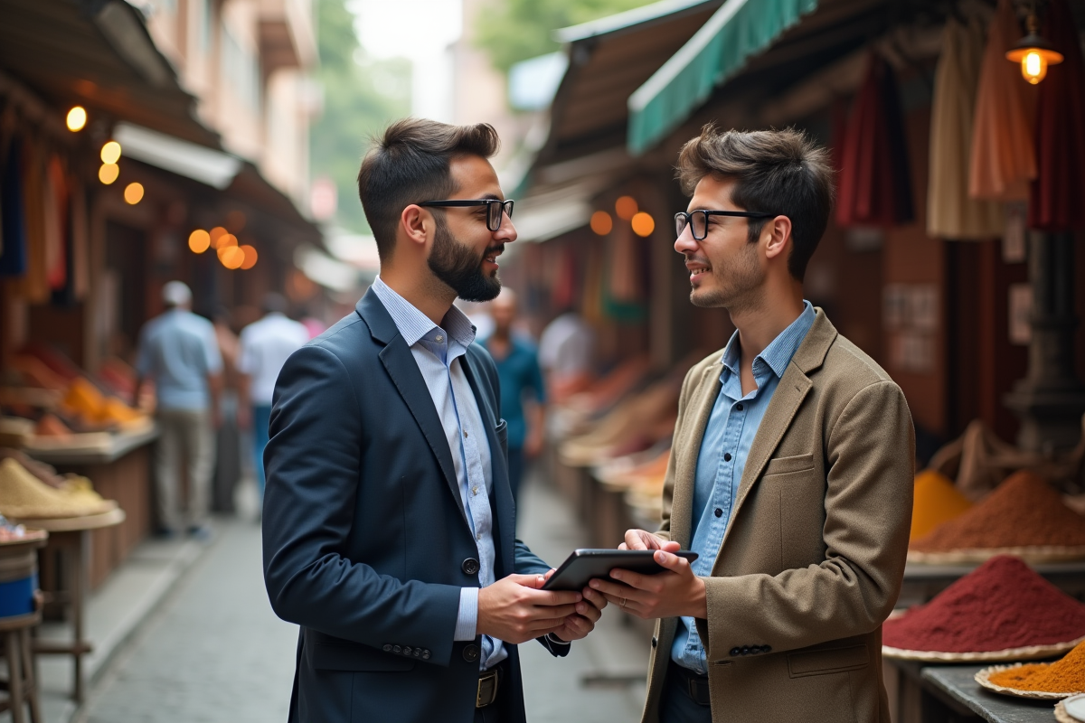 Jeune entrepreneur en marché en plein air avec tablette