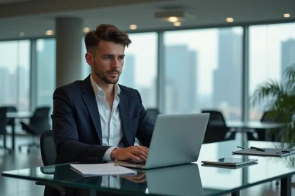 Jeune entrepreneur tech dans un bureau moderne avec ordinateur