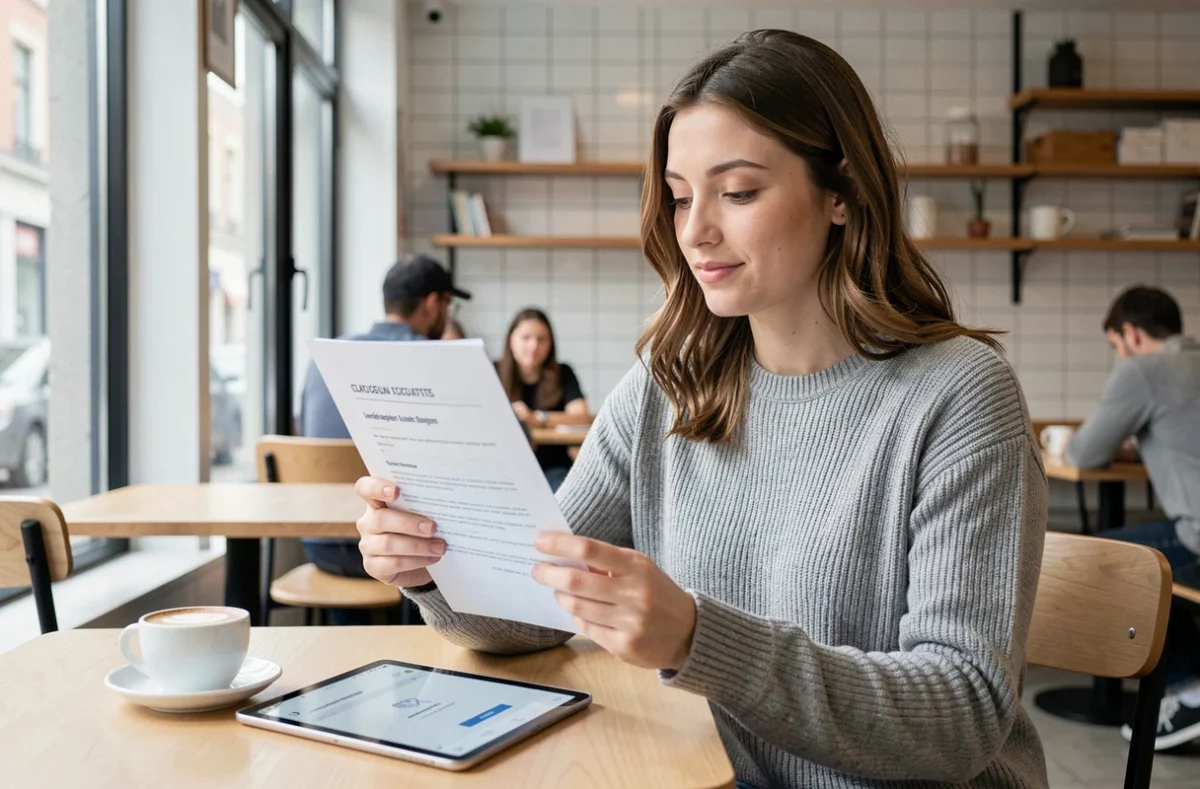 Jeune entrepreneuse consultant un document officiel de création de société après inscription sur une plateforme juridique en ligne