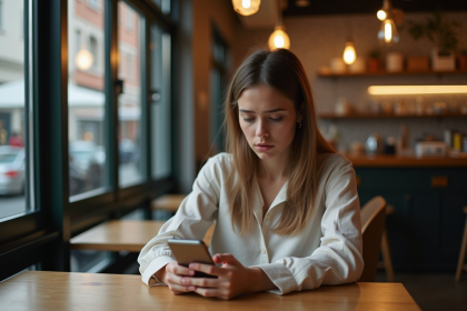 Jeune femme seule au café en train de regarder son smartphone
