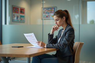 Jeune femme québécoise en blazer examine un document sur la loi 96