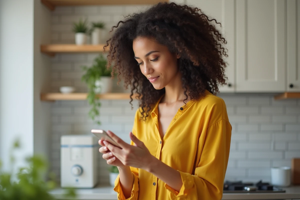 Jeune femme consultant son smartphone pour retrouver son identifiant Nibelis depuis chez elle dans la cuisine