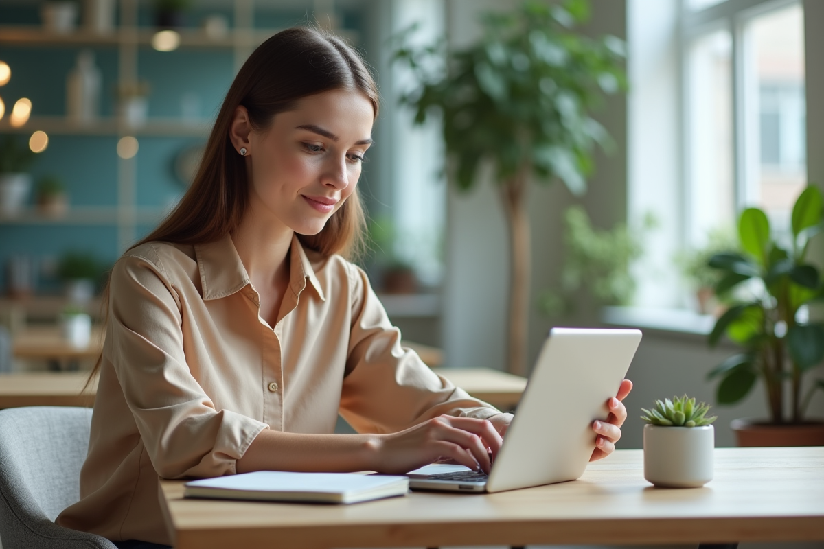Jeune femme utilisant une tablette dans un espace de coworking