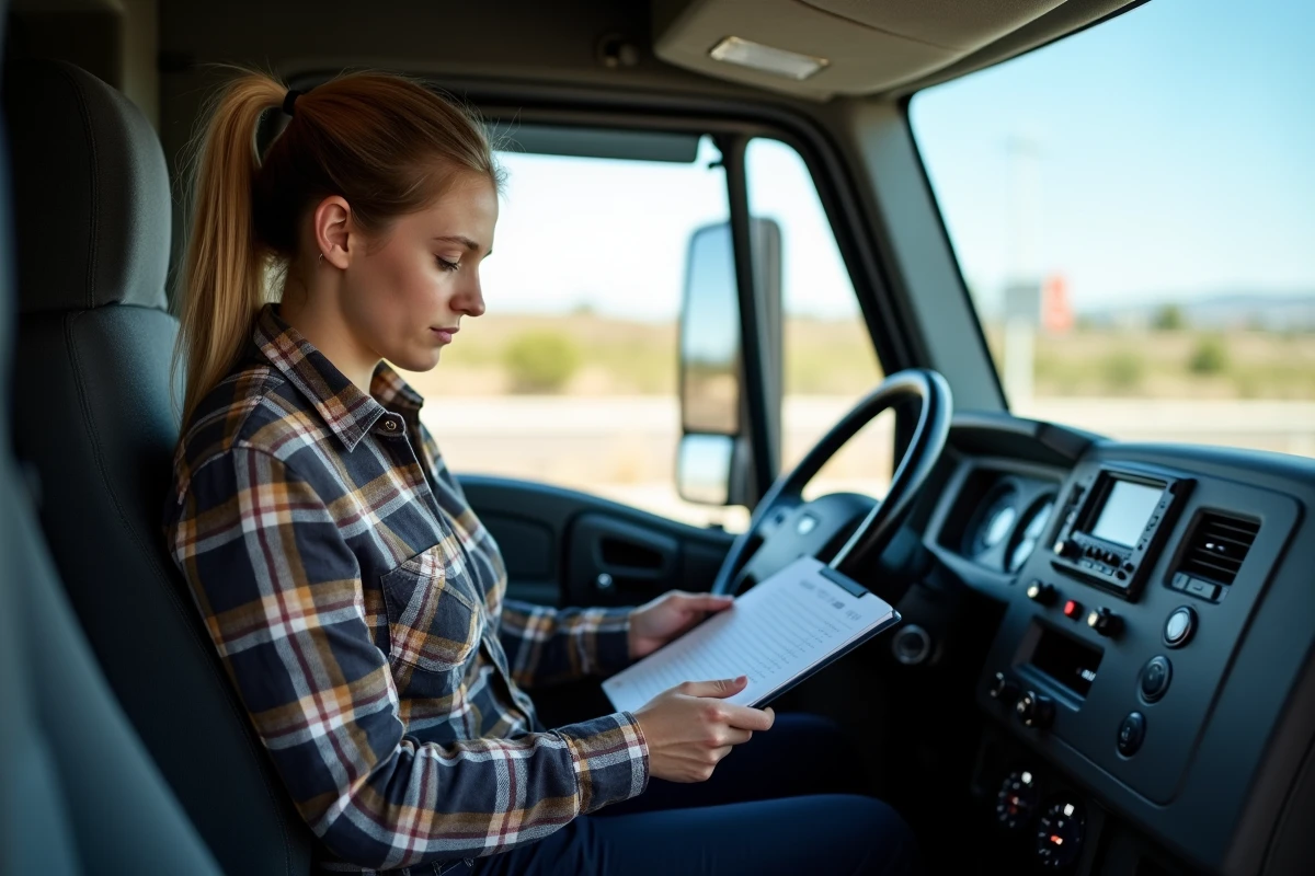 Jeune femme conductrice de camion vérifiant un journal de bord