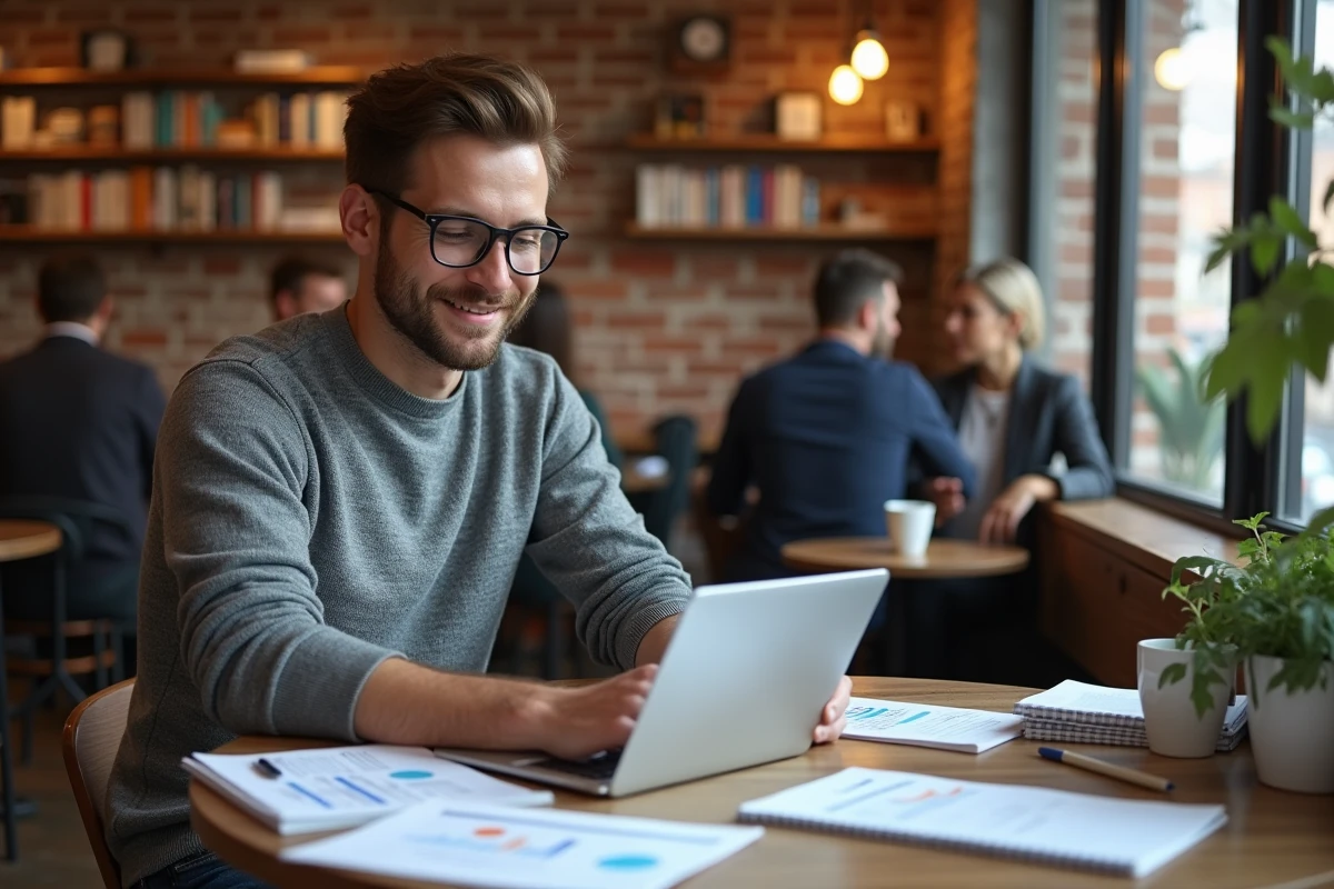 Jeune homme au café utilisant une tablette pour ses idées marketing