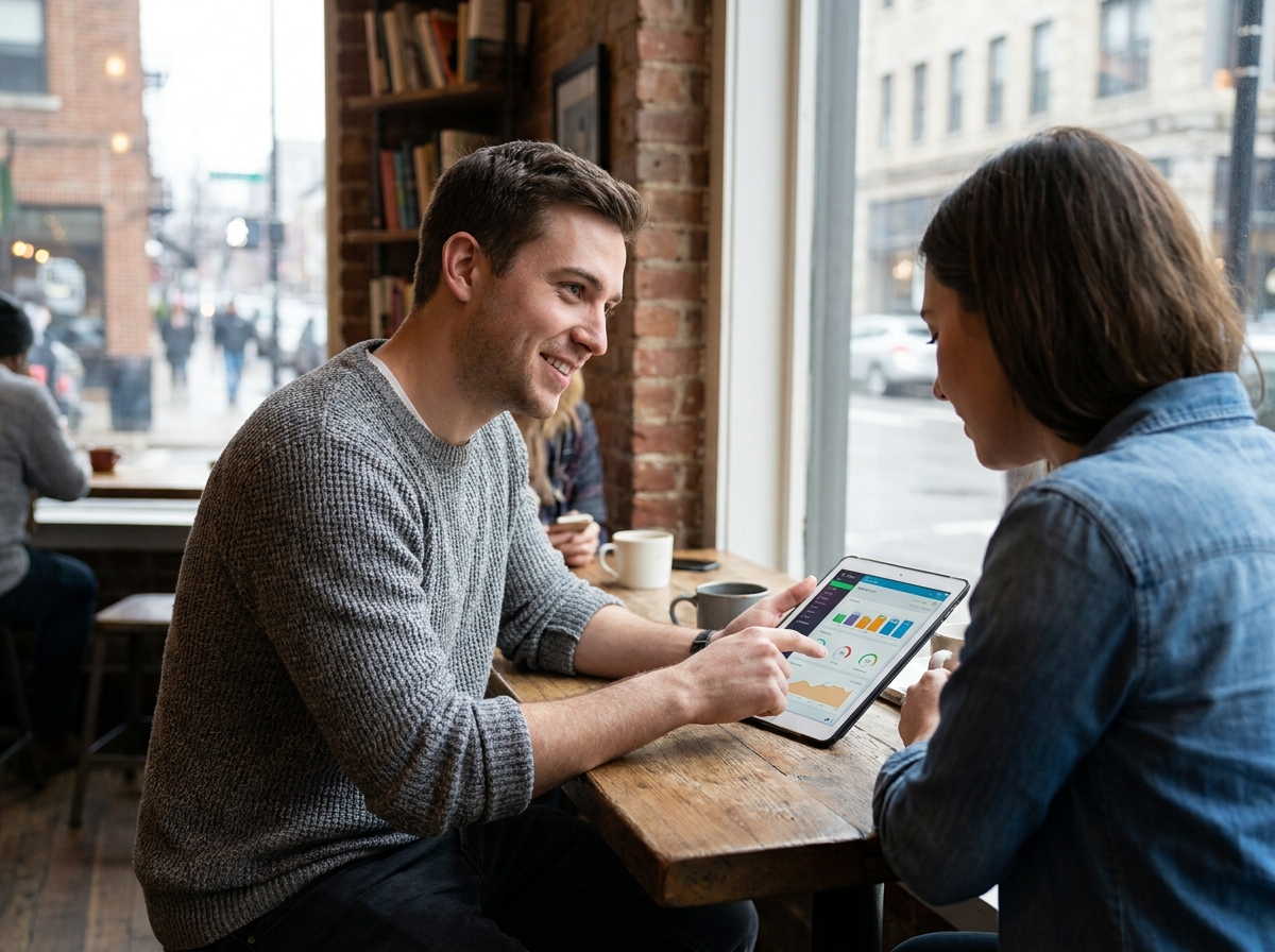 Jeune homme souriant montrant une application tablette à un collègue au café