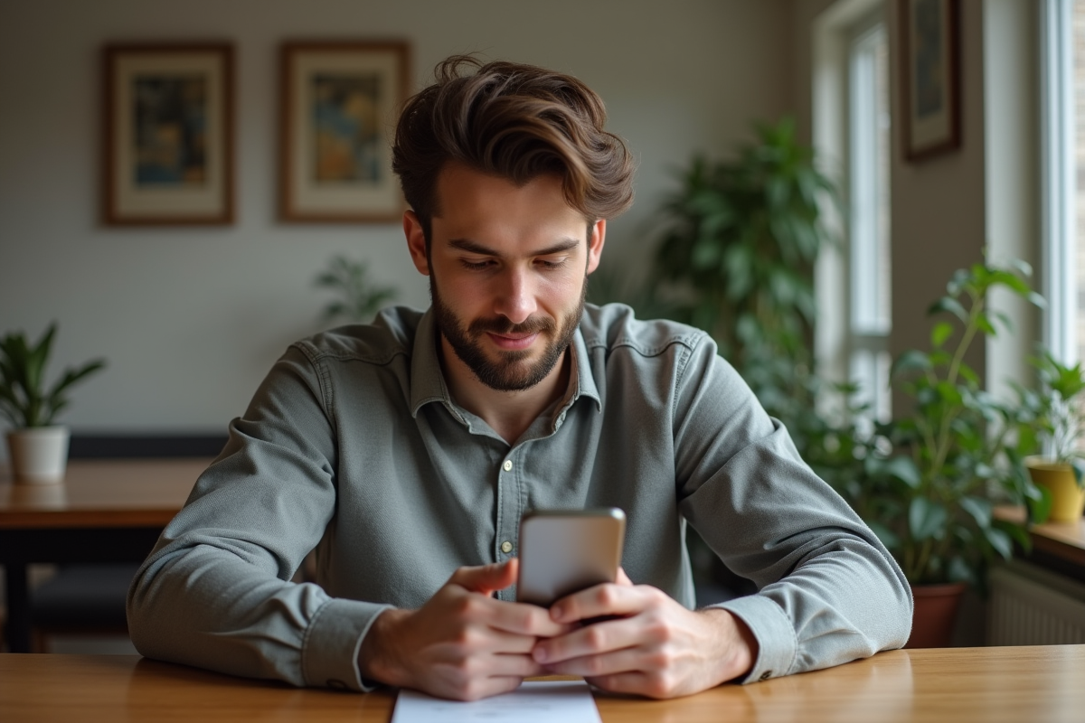 Jeune homme vérifiant un reçu numérique à la maison