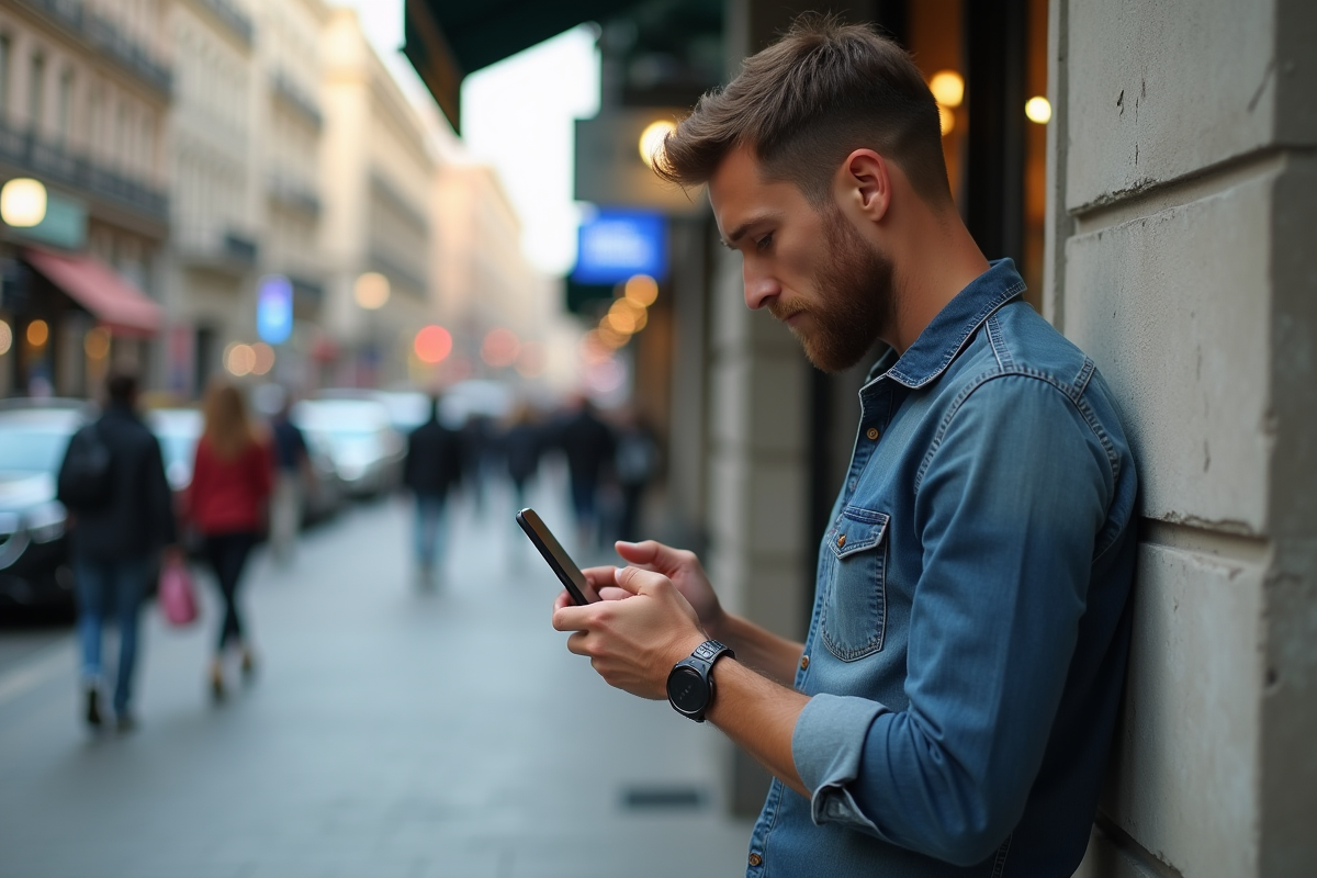 Jeune homme utilisant son smartphone devant un café urbain