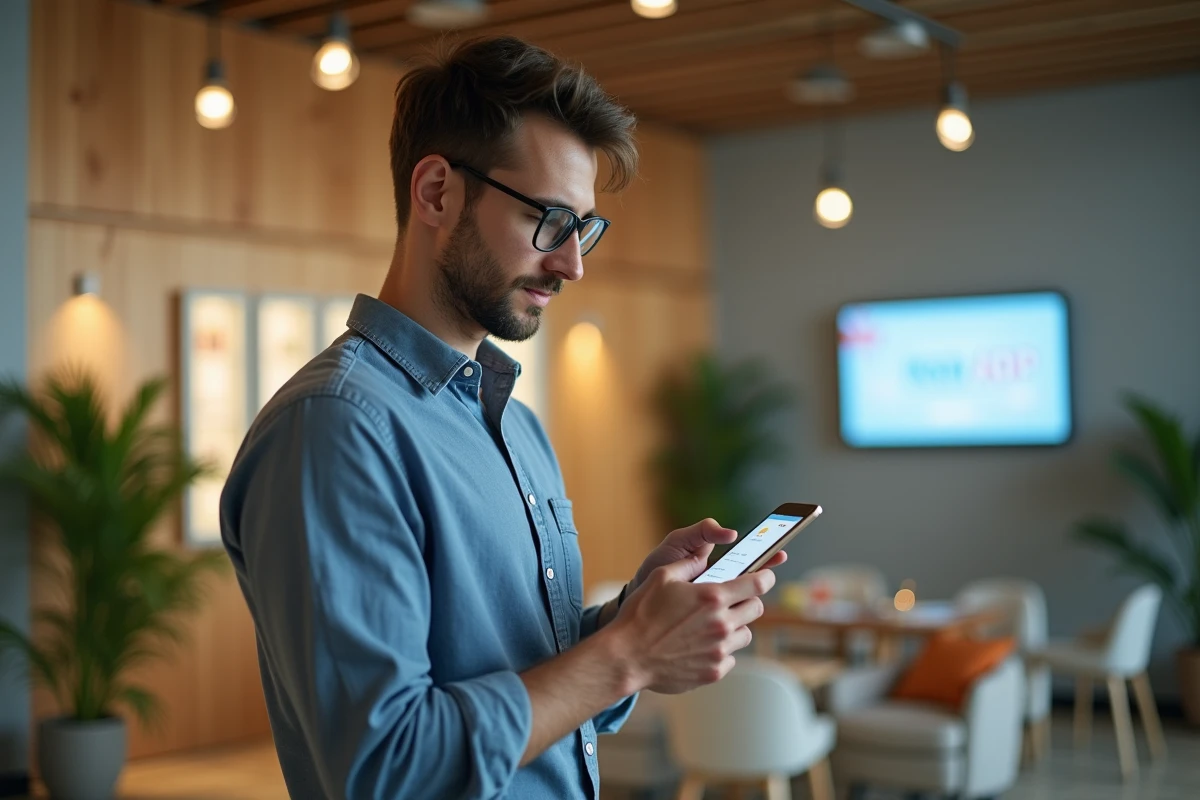 Jeune homme avec smartphone accédant a Mon ADP dans lounge