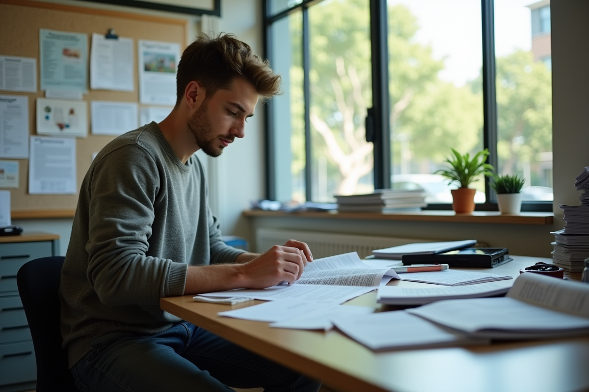 Jeune homme triant des circulaires dans un bureau lumineux