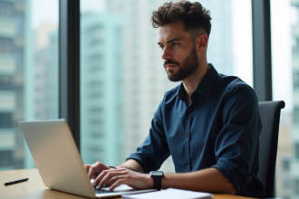 Jeune homme professionnel travaillant sur son ordinateur en bureau moderne