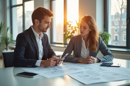 Jeune professionnel et femme discutant plans immobiliers dans un bureau lumineux