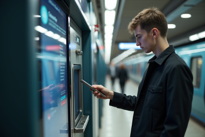 Jeune professionnel utilisant une machine à tickets dans le métro parisien lumineux
