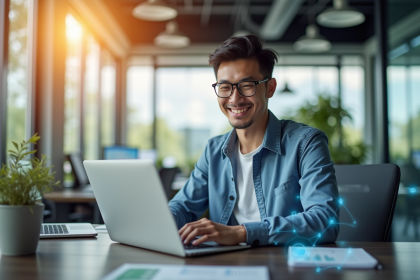 Jeune professionnel confiant utilisant un ordinateur dans un bureau moderne