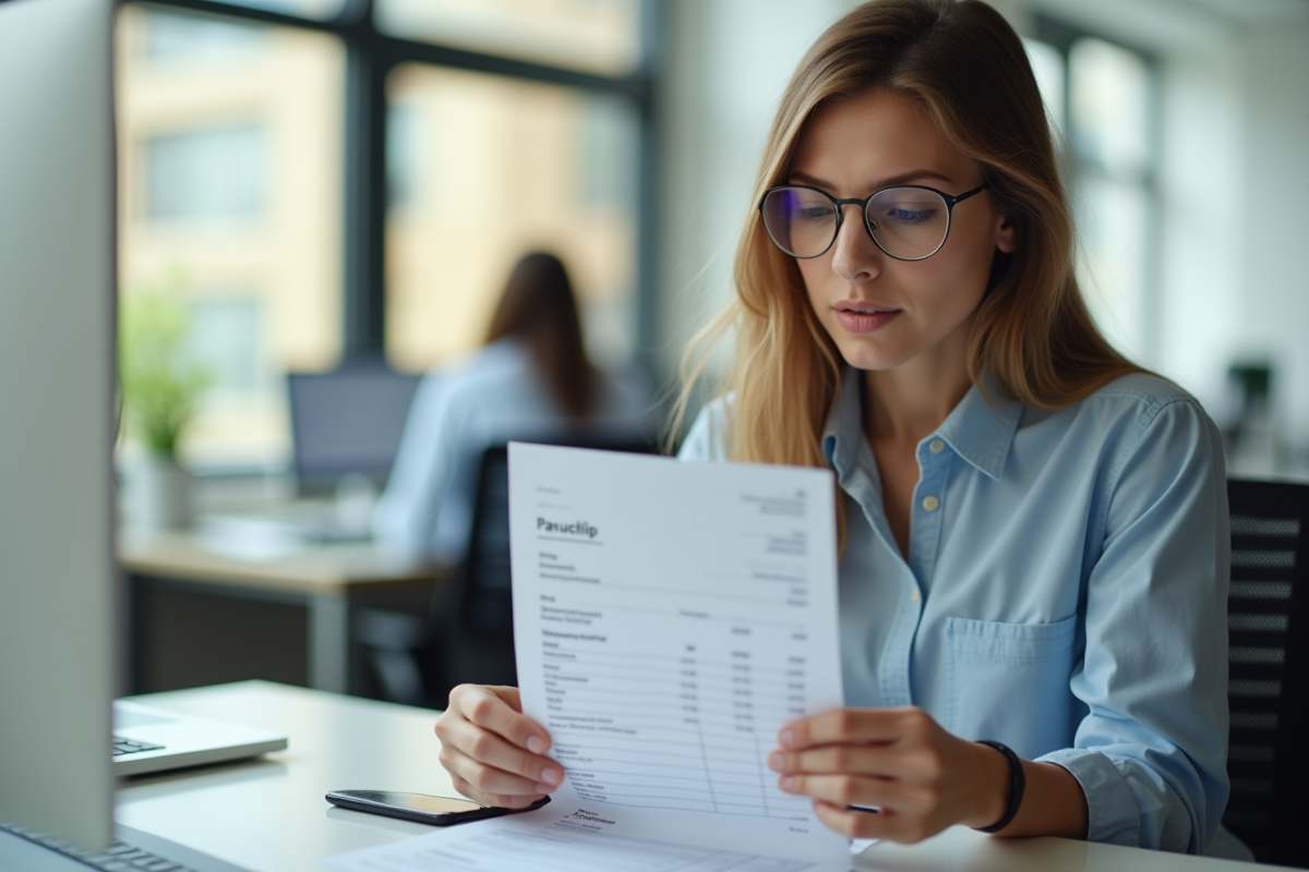 Jeune professionnel examinant un bulletin de salaire lumineux