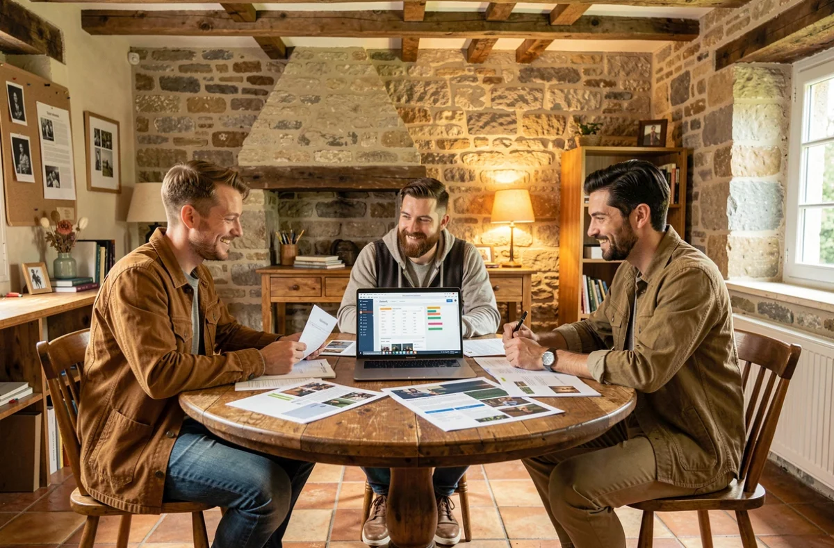 Équipe de La Casa de Com réunissant dans un studio créatif rustique normand pour planifier des contenus web